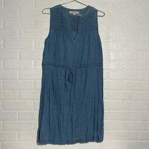 LOFT Dress Sleeveless Blue Casual Dress with Drawstring Waist Cotton Blend Small